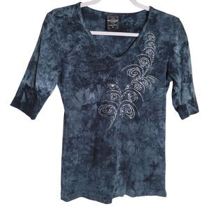 Sledge USA Y2K Tie Dye Shirt Women's Size Medium Blue Crystal Embellished Cotton